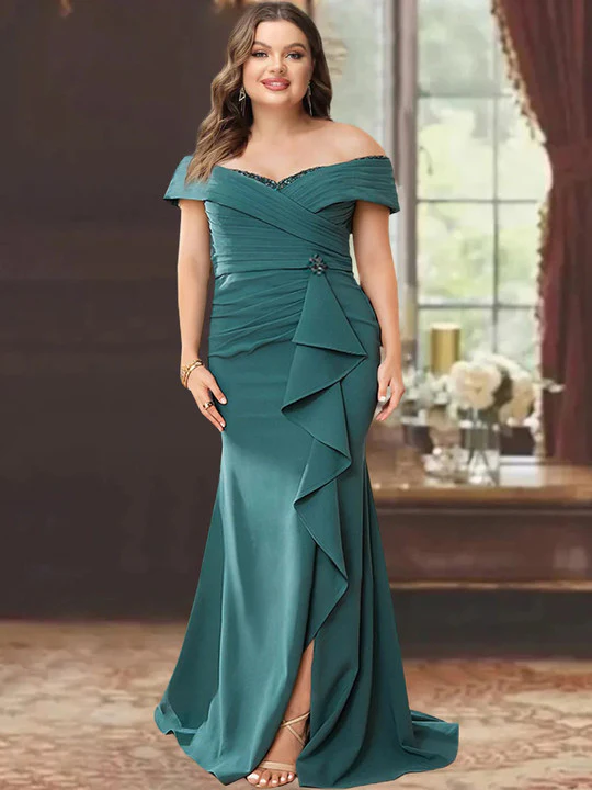 Sheath/Column Off-the-Shoulder Sleeveless Floor-Length Plus Size Mother of the Bride Dresses With Ruffles - QUGEX
