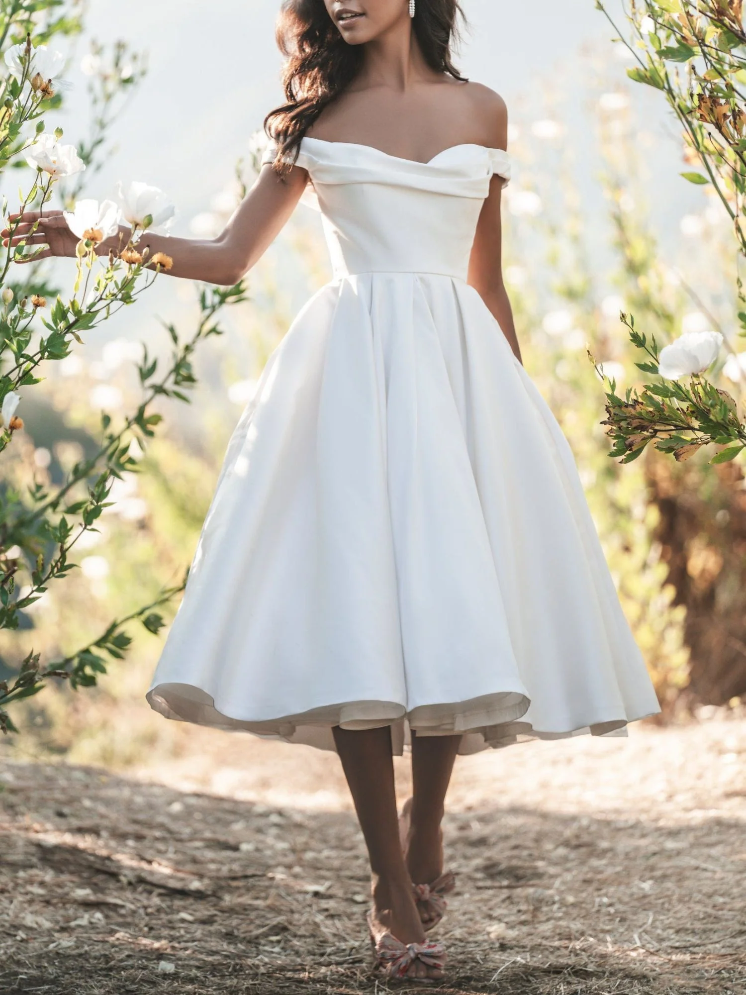 A-Line/Princess Off-the-Shoulder Tea-Length Satin Elegant Gown Wedding Dress - QUGEX