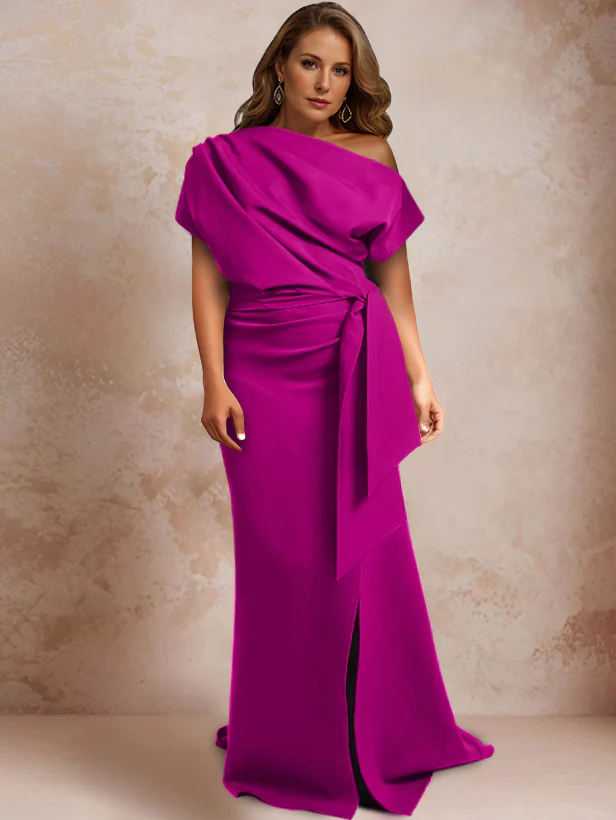 Trumpet/Mermaid One-Shoulder Short Sleeves Floor-Length Plus Size Mother of the Bride Dresses with Ruffles & Split Side - QUGEX
