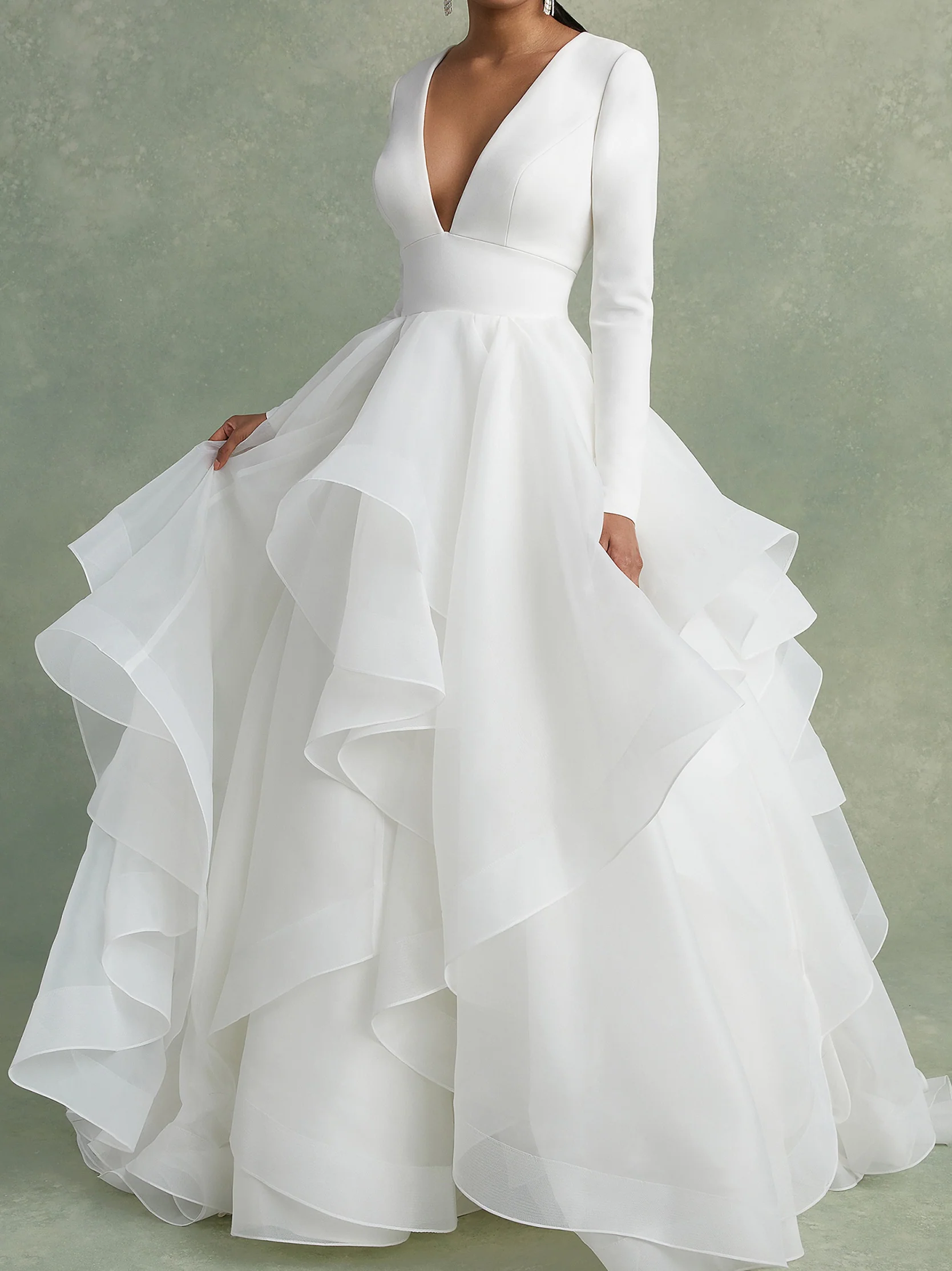A-Line/Princess V-Neck Floor-Length Ball-Gown Wedding Dress With Ruffles - QUGEX