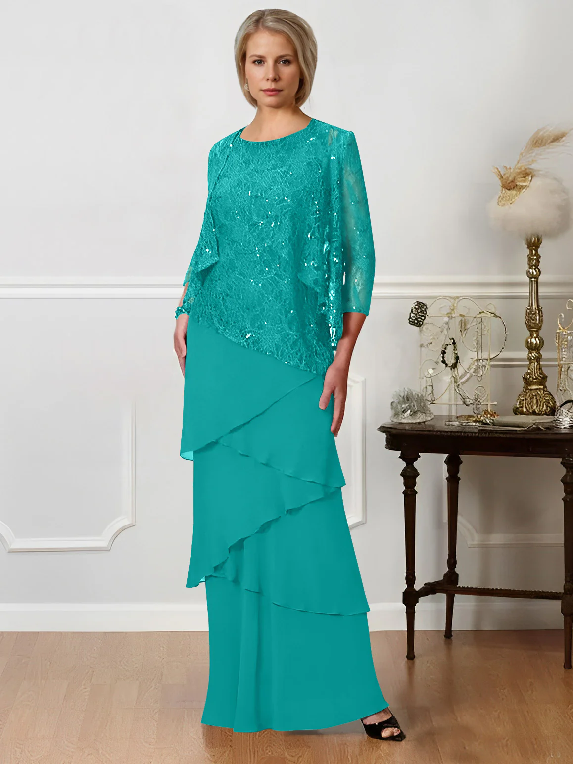 A-Line/Princess Jewel Neck Floor-Length Mother of the Bride Dresses - QUGEX