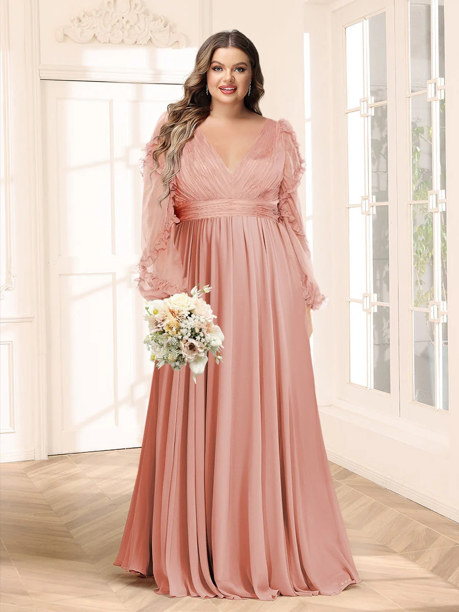 A-Line/Princess V-Neck Long Sleeves Chiffon Empire Plus Size Bridesmaid Dresses - QUGEX