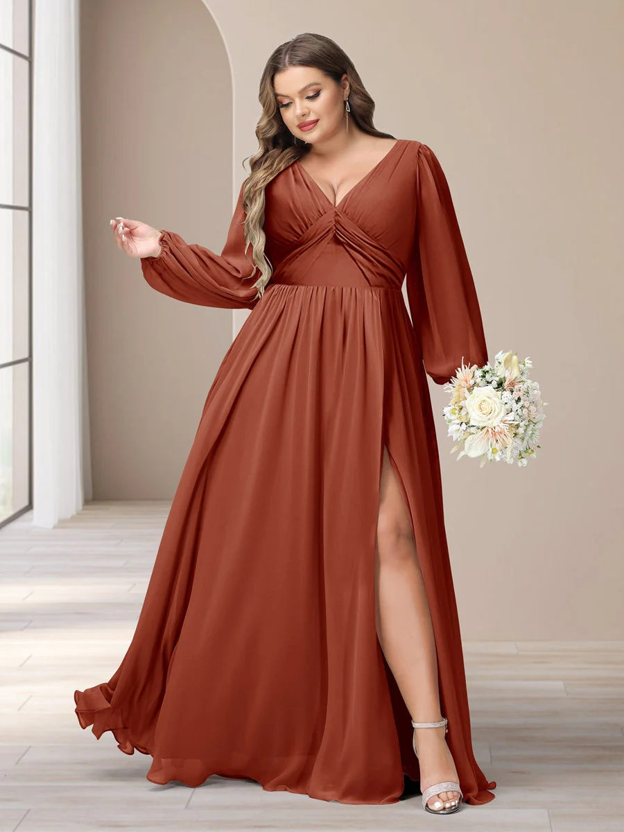 A-Line/Princess V-Neck Long Sleeves Chiffon Long Plus Size Bridesmaid Dresses With Split Side - QUGEX