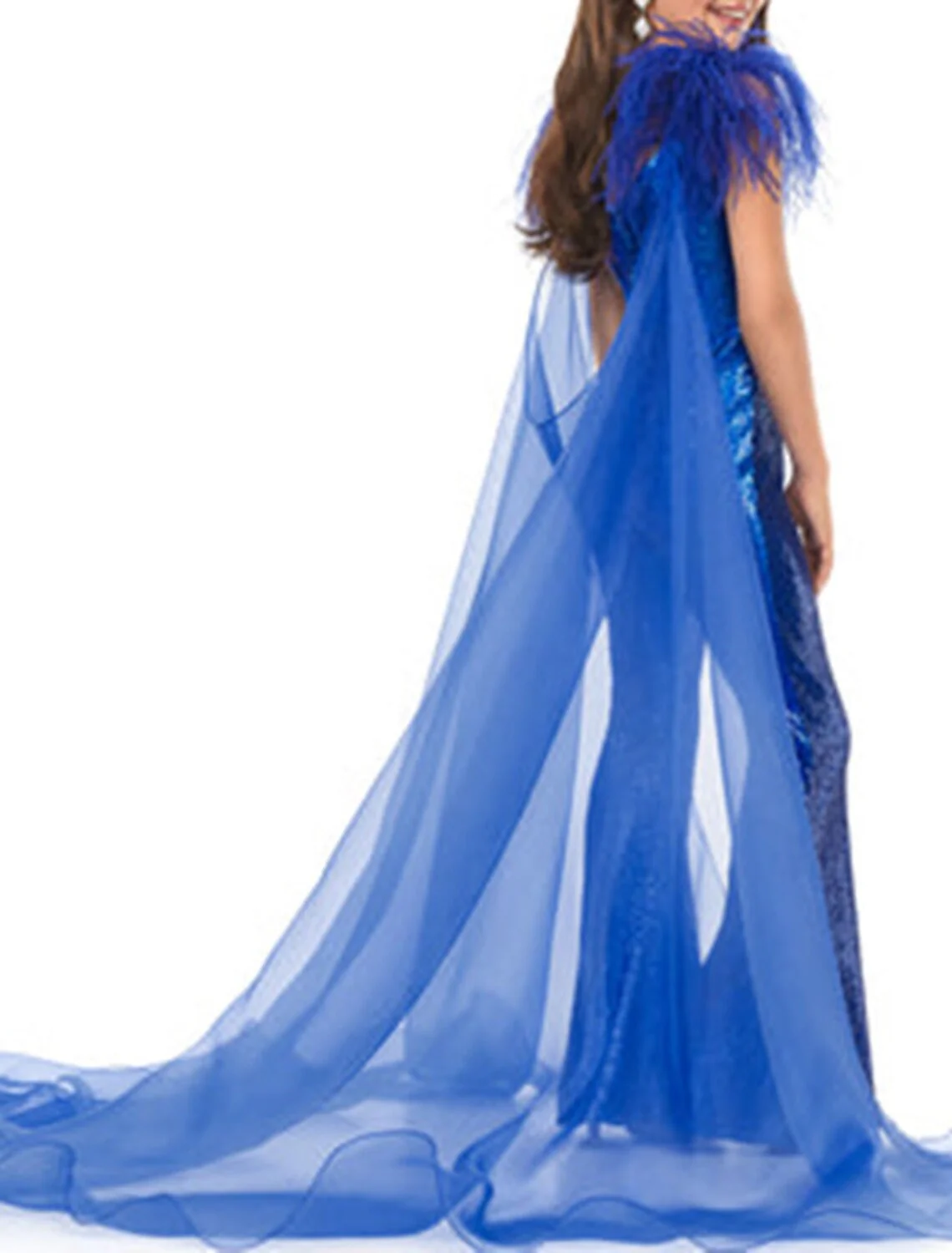 V-Neck Sequins Party Girls Jumpsuits with Feather & Watteau Train - QUGEX