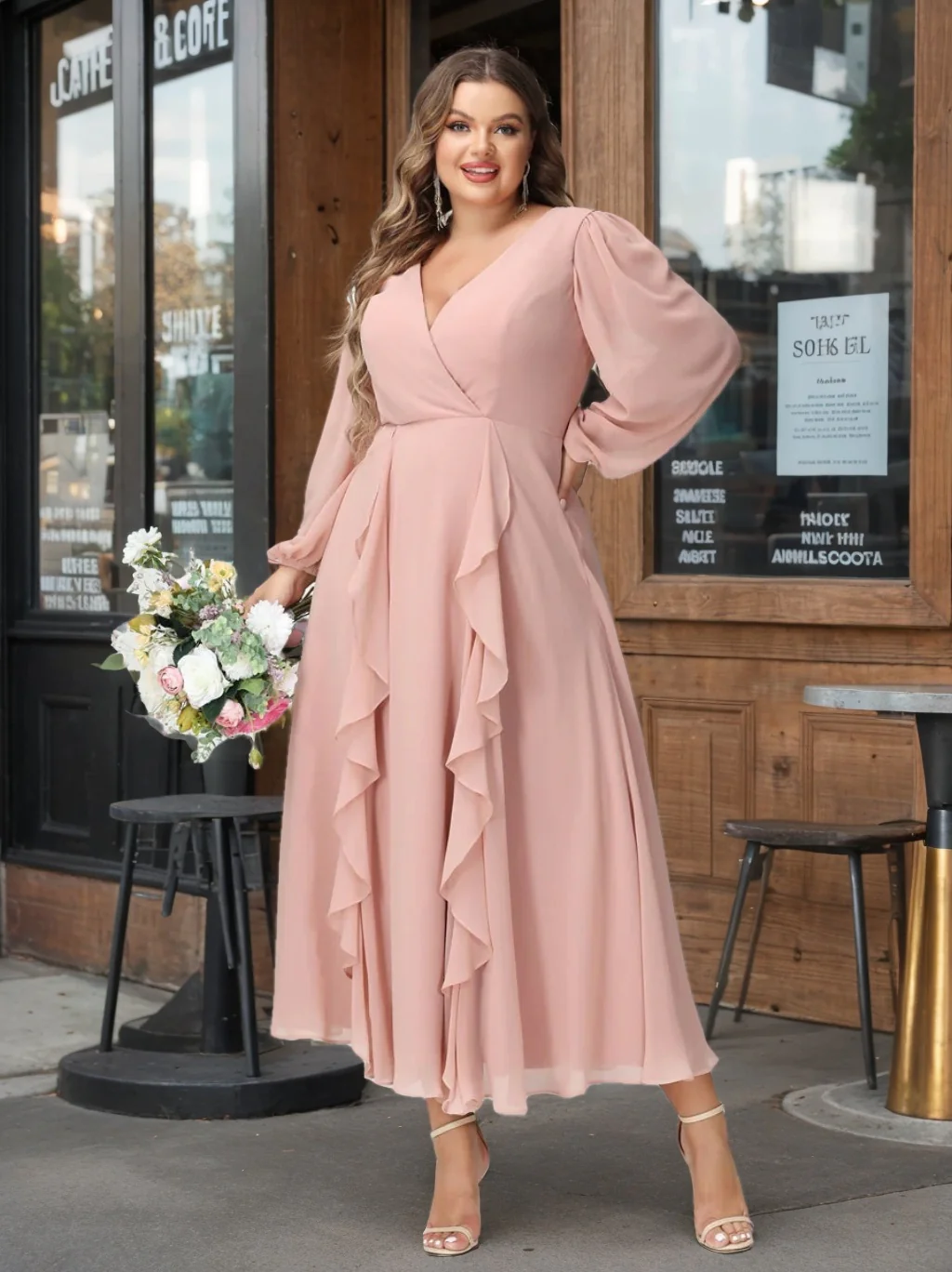 A-Line/Princess V-Neck Long Sleeves Chiffon Tea-Length Plus Size Bridesmaid Dresses with Pockets & Ruffles - QUGEX