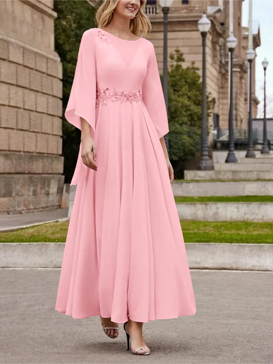 A-Line/Princess Jewel Neck 3/4 Length Sleeve Ankle-Length Mother of the Bride Dresses with Sequins - QUGEX