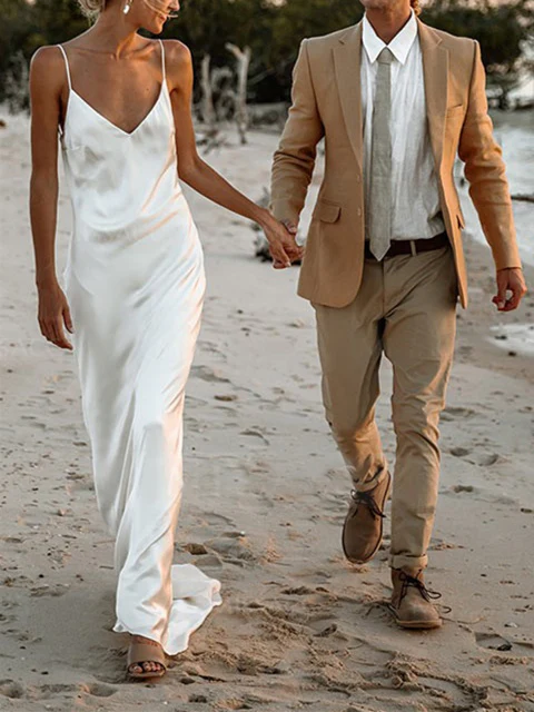 Sheath / Column Spaghetti Straps V Neck Sleeveless Wedding Dress - QUGEX