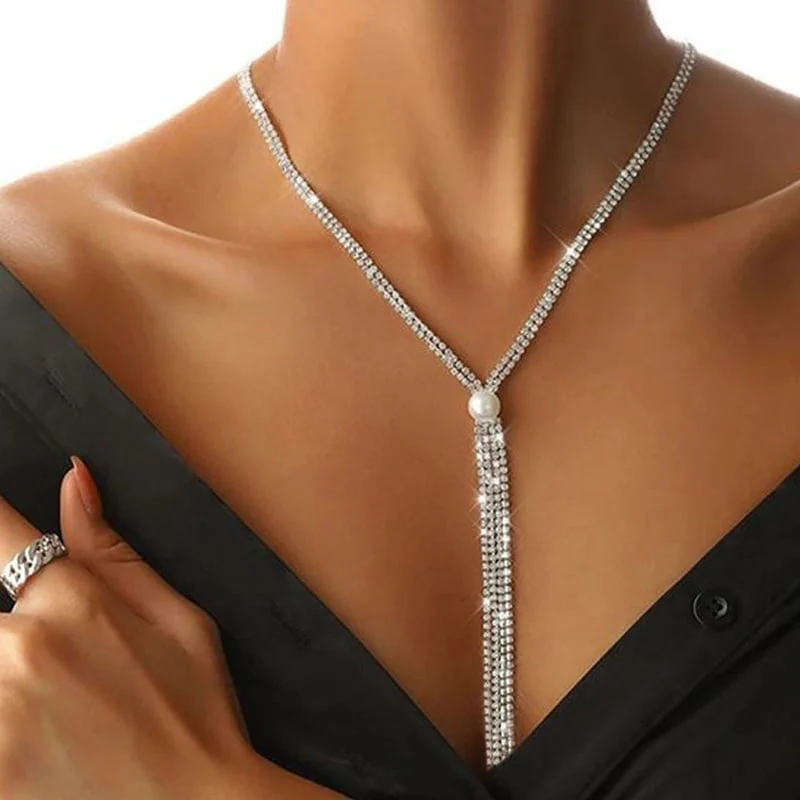 Elegant Round Rhinestone Lariat Necklace - QUGEX