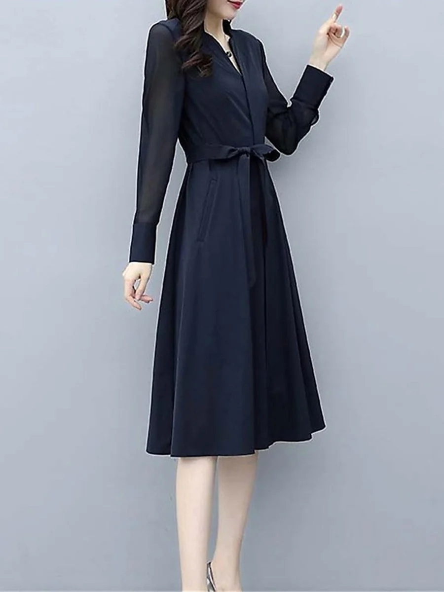 A Line/Princess V Neck Long Sleeves Wedding Guest Dress Midi Dress - QUGEX