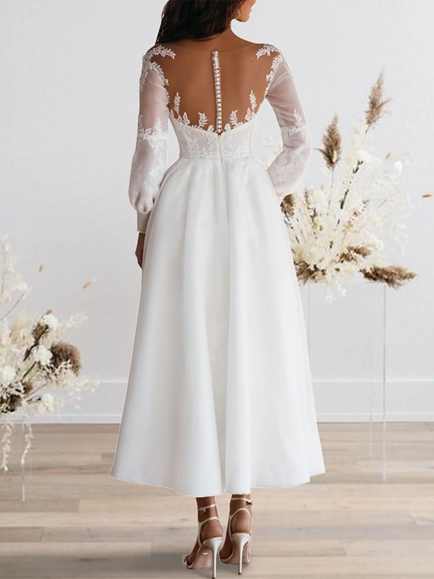 A-Line/Princess Sweetheart Long Sleeves Ankle Length Lace Wedding Dress - QUGEX