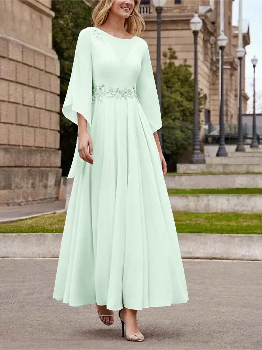 A-Line/Princess Jewel Neck 3/4 Length Sleeve Ankle-Length Mother of the Bride Dresses with Sequins - QUGEX