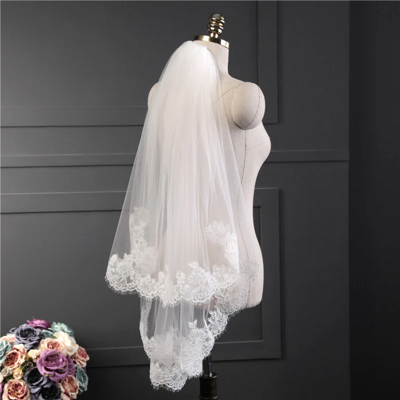 Two-tier Stylish Wedding Veil with Appliques - QUGEX