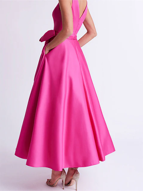 A-Line/Princess V-Neck Sleeveless Ankle-Length Mother of the Bride Dresses with Pockets & Ruffles - QUGEX