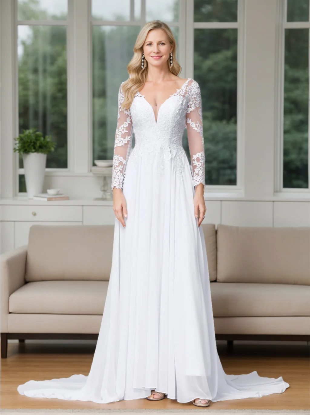 A-Line/Princess V-Neck Long Sleeves Floor Length Appliques Wedding Dress - QUGEX