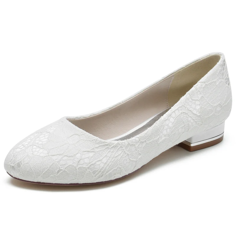 Women's Wedding Shoes White Round Toe Flat Heel Lace Minimalist Bridal Shoes - QUGEX