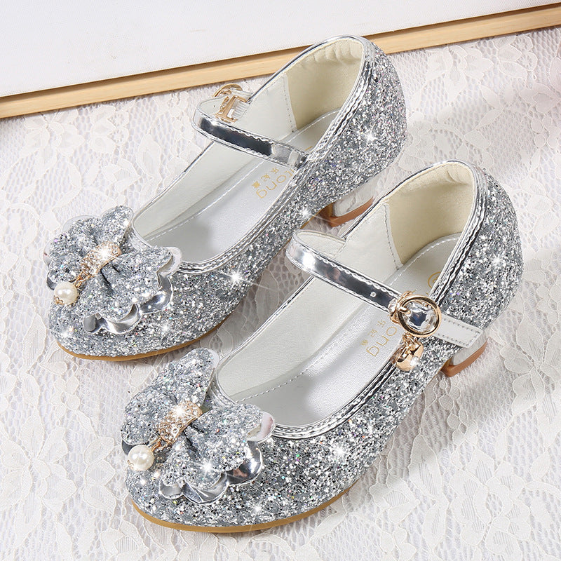 Girl's Sparkling Sequined Bow Block Round Toe Shoes with Pearl & Buckle - QUGEX