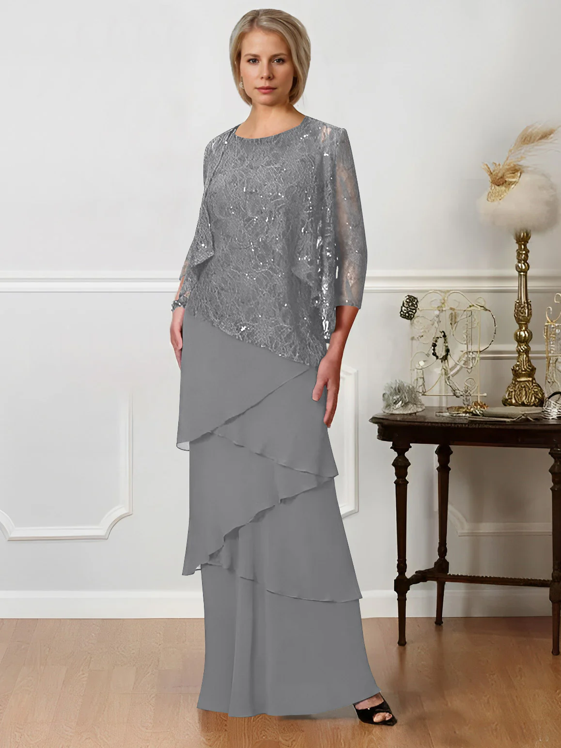 A-Line/Princess Jewel Neck Floor-Length Mother of the Bride Dresses - QUGEX