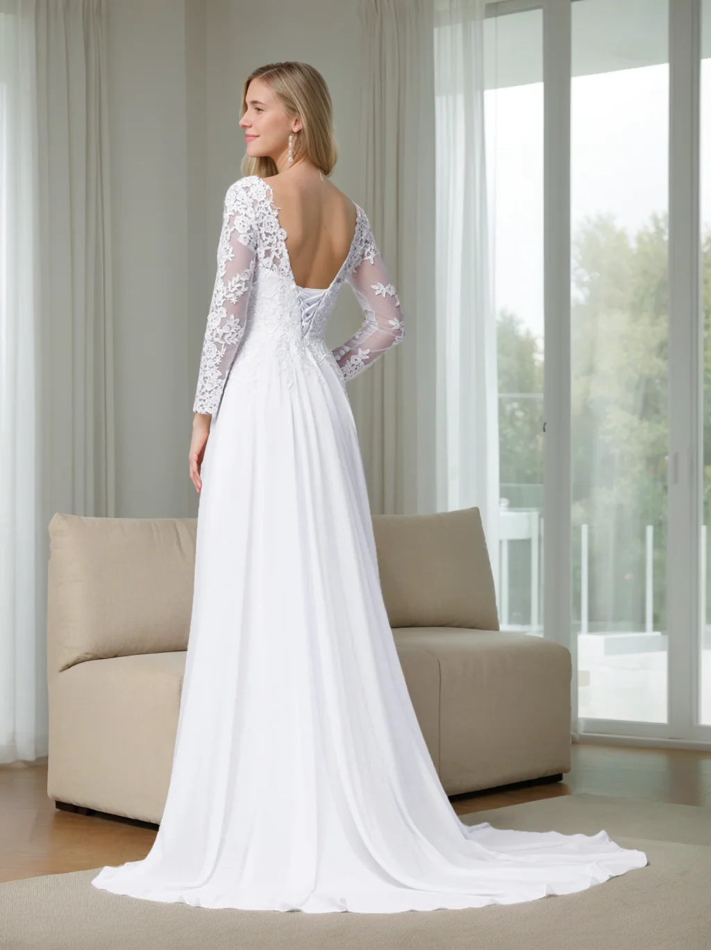 A-Line/Princess V-Neck Long Sleeves Floor Length Appliques Wedding Dress - QUGEX
