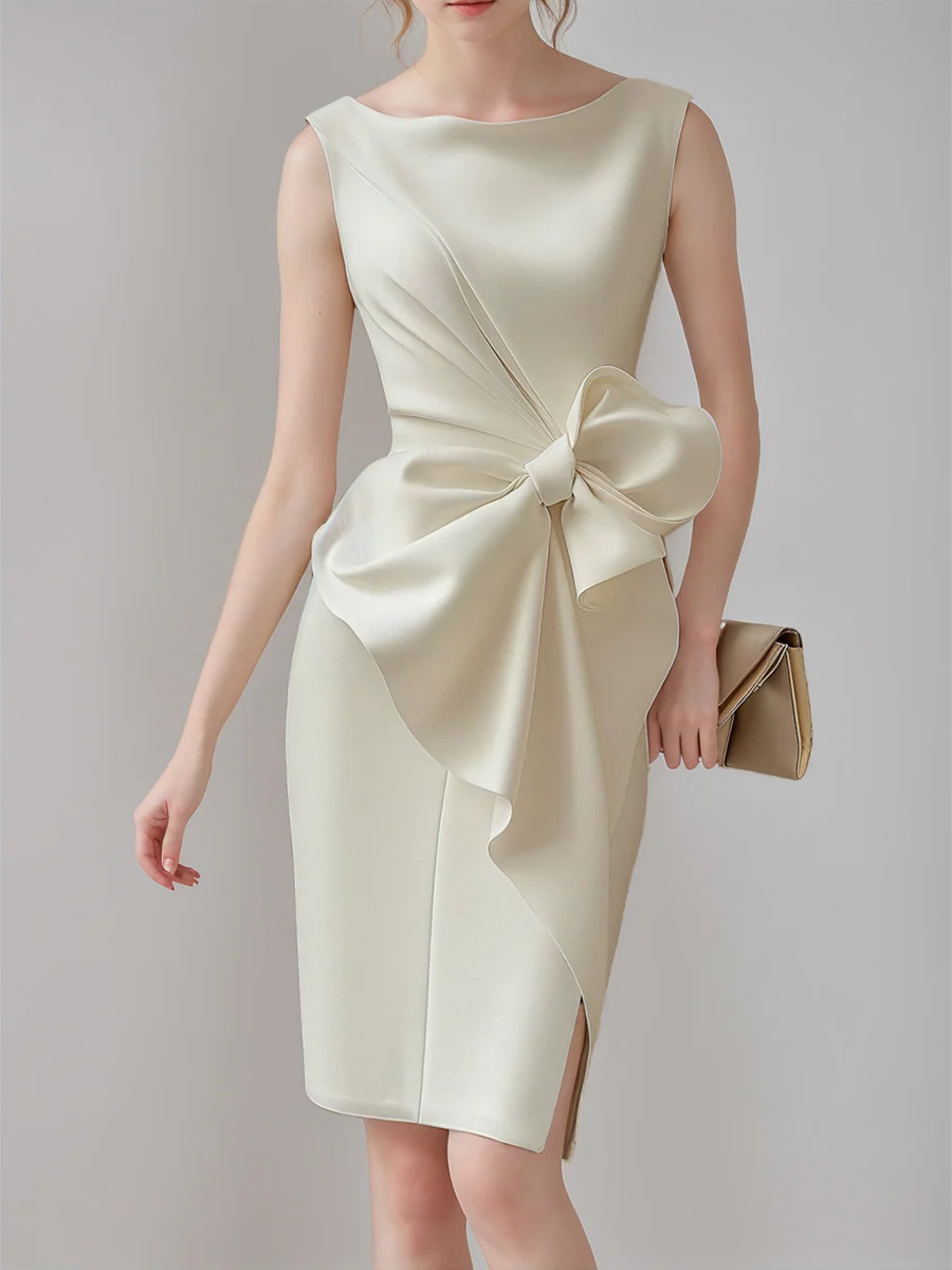 Sheath/Column Crew Neck Sleeveless Knee Length Wedding Dress with Bow & Ruffles - QUGEX