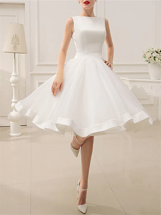 A-Line/Princess Scoop Knee-Length Wedding Dress - QUGEX