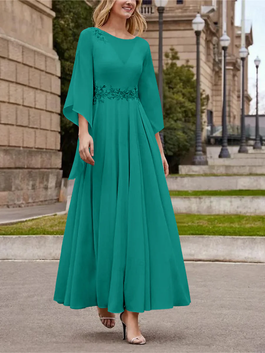 A-Line/Princess Jewel Neck 3/4 Length Sleeve Ankle-Length Mother of the Bride Dresses with Sequins - QUGEX