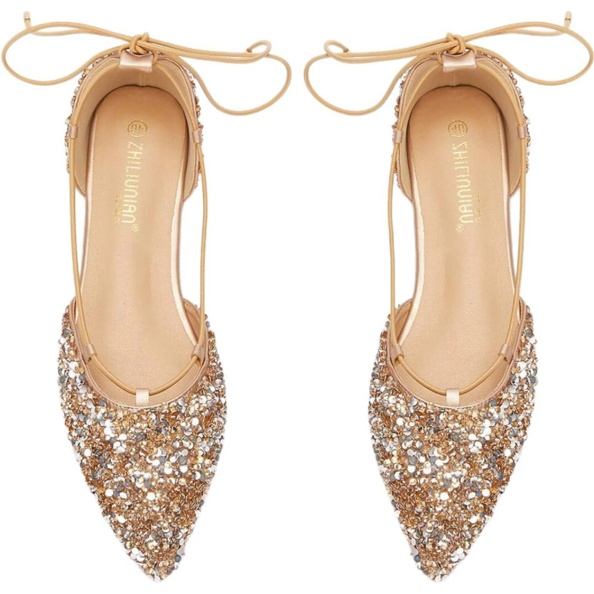 Women's Wedding Shoes Gold Pointed Toe Lace-up Flat Heel Bridal Shoes - QUGEX