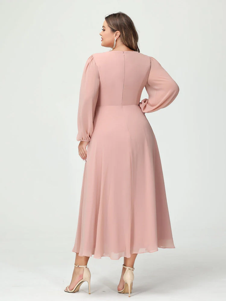 A-Line/Princess V-Neck Long Sleeves Chiffon Tea-Length Plus Size Bridesmaid Dresses with Pockets & Ruffles - QUGEX