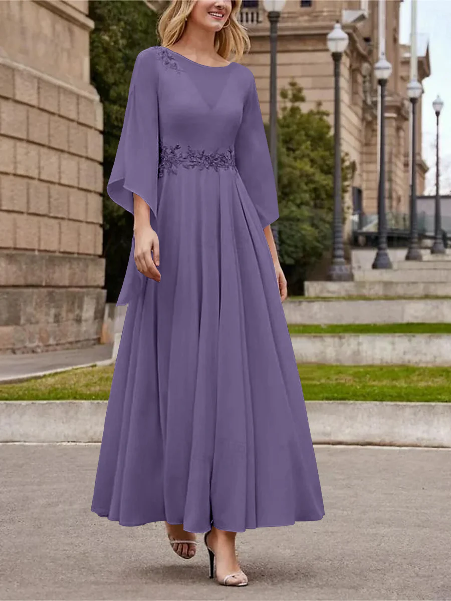 A-Line/Princess Jewel Neck 3/4 Length Sleeve Ankle-Length Mother of the Bride Dresses with Sequins - QUGEX