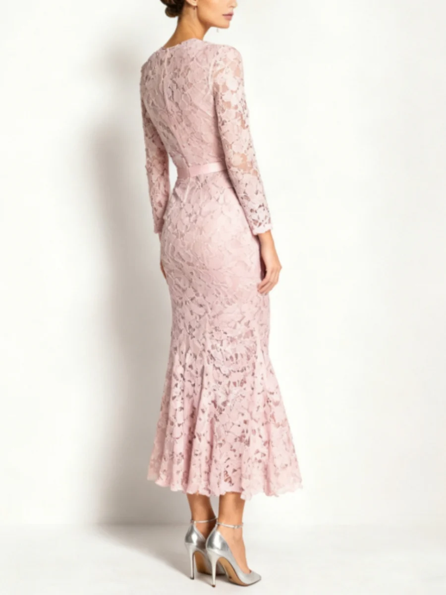Sheath/Column Lace Long Sleeves Square Collar Mother of the Bride Dresses Ankle-Length - QUGEX