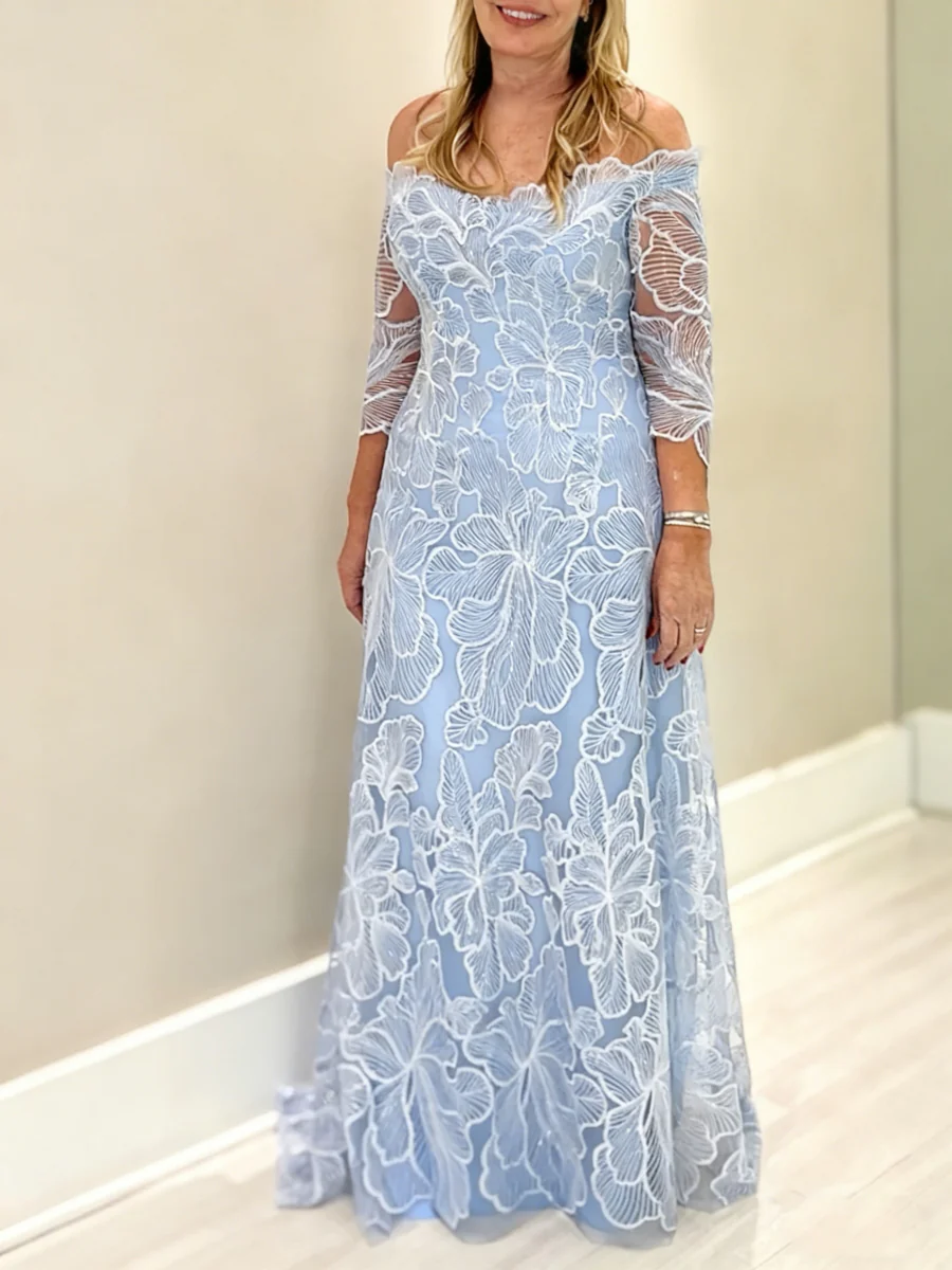 A-Line/Princess Off-the-Shoulder Lace Mother of the Bride Dresses 3/4 Sleeves Floor-Length - QUGEX