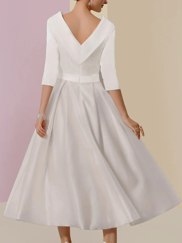 A-Line/Princess Jewel Neck Half Sleeve Tea Length Mother of the Bride Dresses with Pockets Pleats - QUGEX