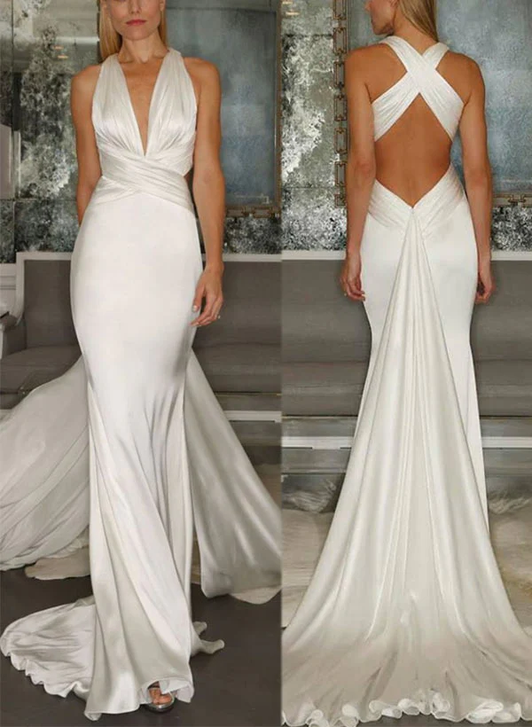 Trumpet/Mermaid V-Neck Floor-length Wedding Dress - QUGEX