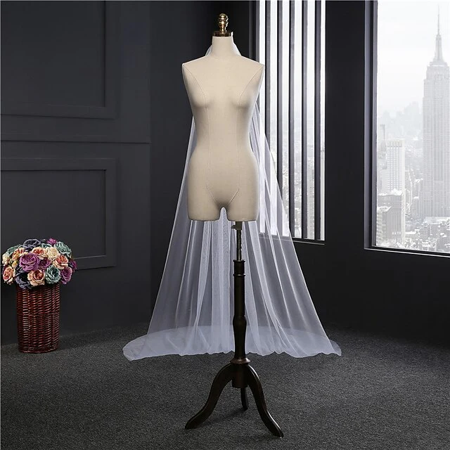 One-tier Simple Wedding Veil Cathedral Veils with Solid 300cm Tulle - QUGEX