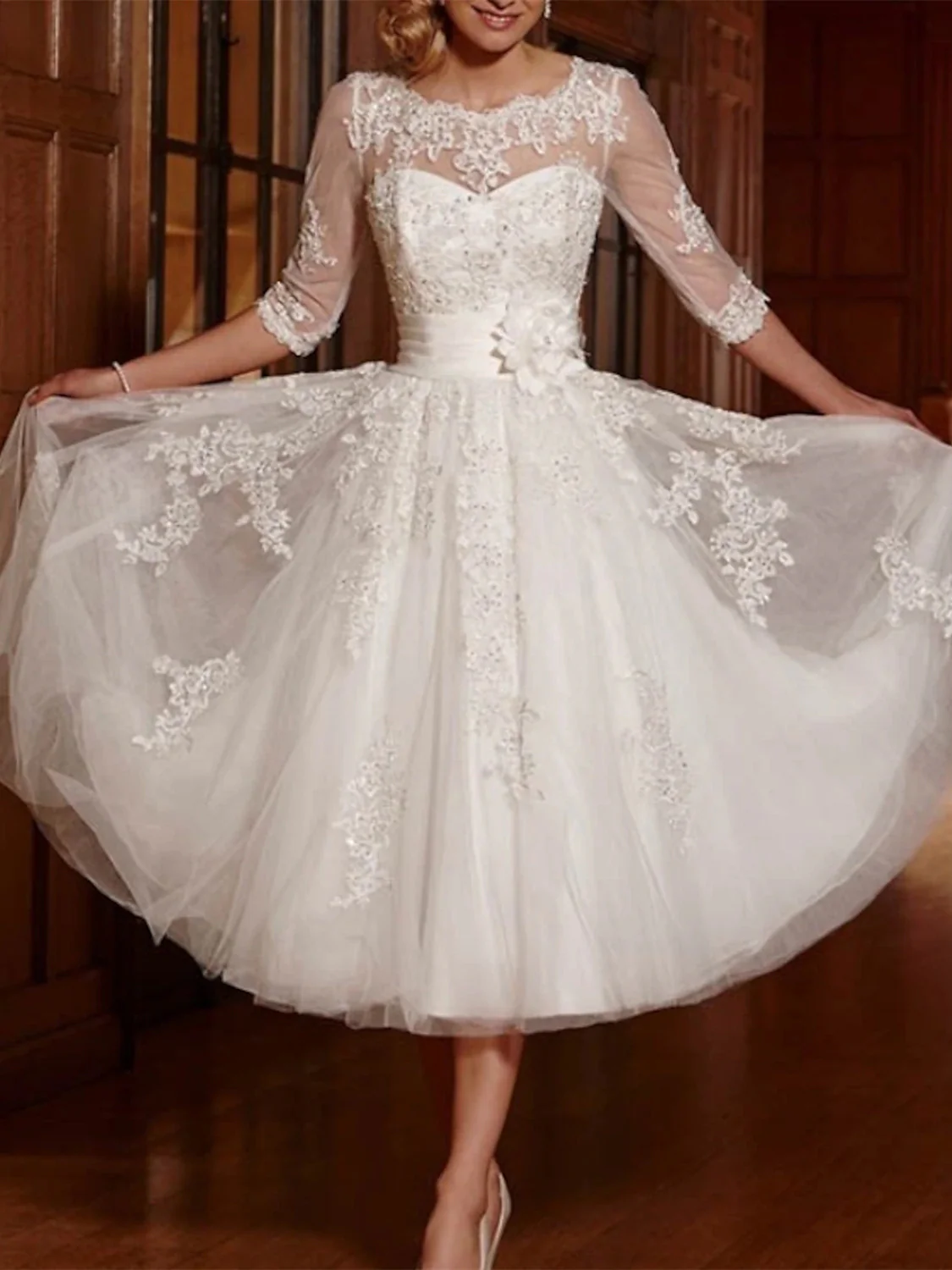 A-Line/Princess Lace Tulle Illusion Neck 3/4 Length Sleeve Tea Length Appliques Wedding Dress - QUGEX
