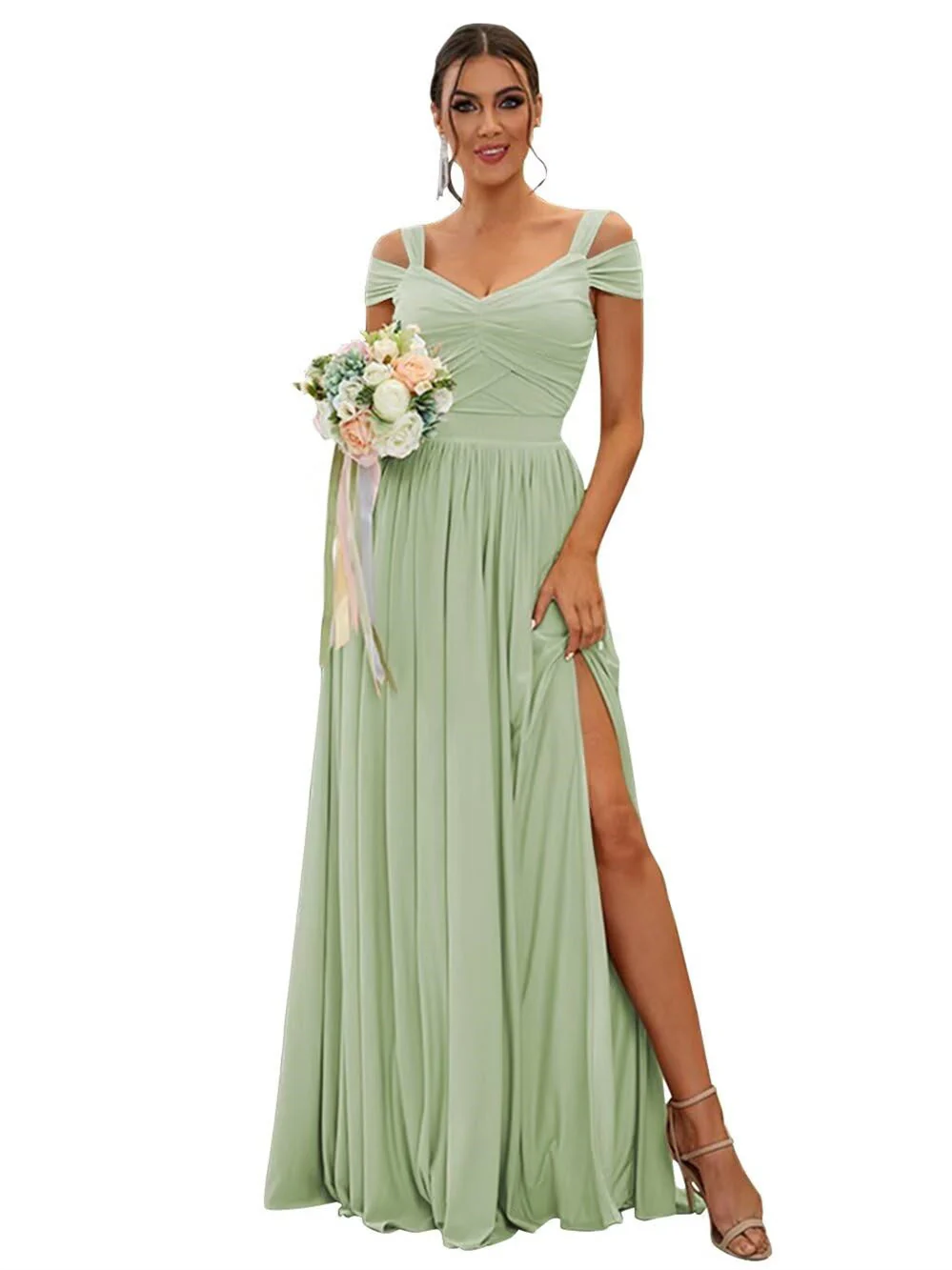A-Line/Princess Off-the-shoulder Sleeveless Floor   Length Bridesmaid Dresses  Chiffon with Ruffles - QUGEX