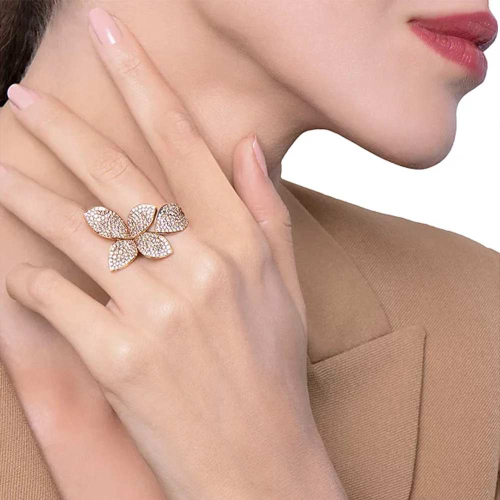 Adjustable 4-Leaf Flower Rhinestone Art Ring - QUGEX