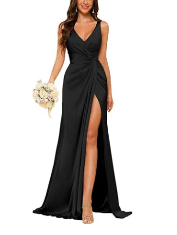 Sheath V-Neck Sleeveless Floor-Length Bridesmaid Dress with Ruched - QUGEX