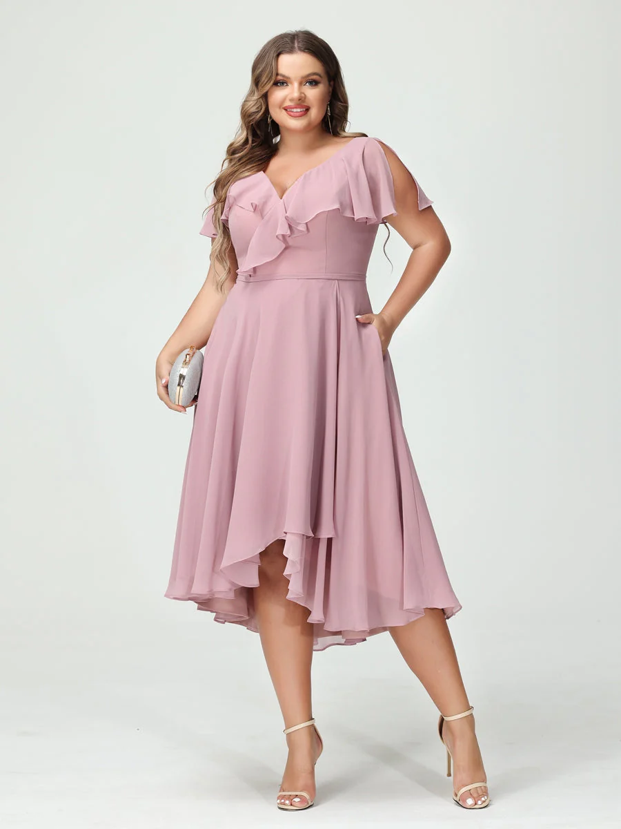 A-Line/Princess V-Neck Short Sleeves Chiffon High-Low Plus Size Bridesmaid Dresses with Pockets & Ruffles - QUGEX