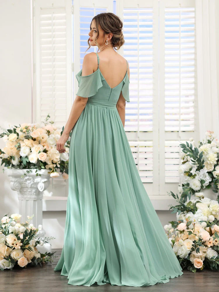 A-Line/Princess V-Neck Spaghetti Straps Floor-Length Bridesmaid Dresses with Pockets - QUGEX