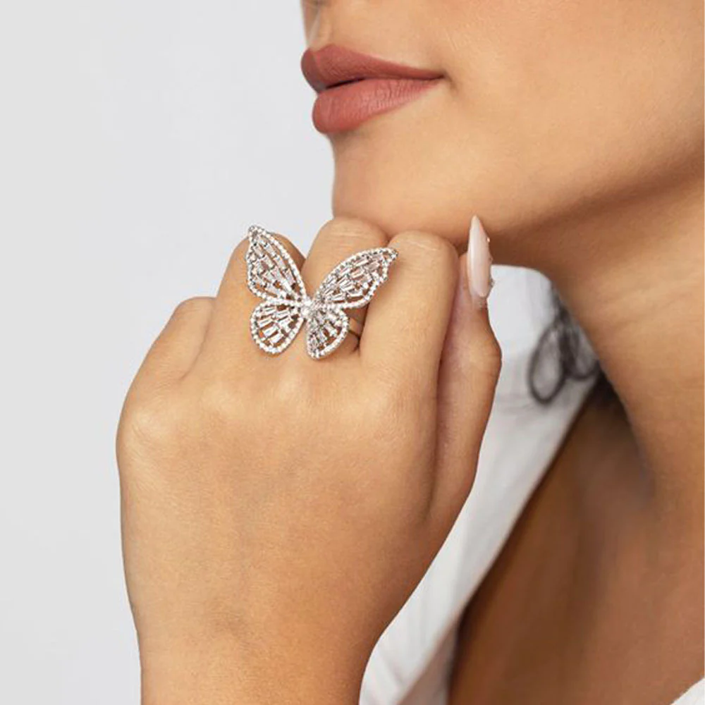 Delicate Zirconia Cut-out Butterfly Adjustable Insect Ring - QUGEX