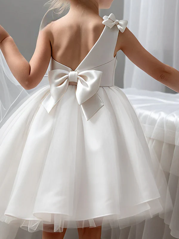 A-Line/Princess Satin One-Shoulder Sleeveless Knee-length Bow(s) Flower Girl Dresses - QUGEX
