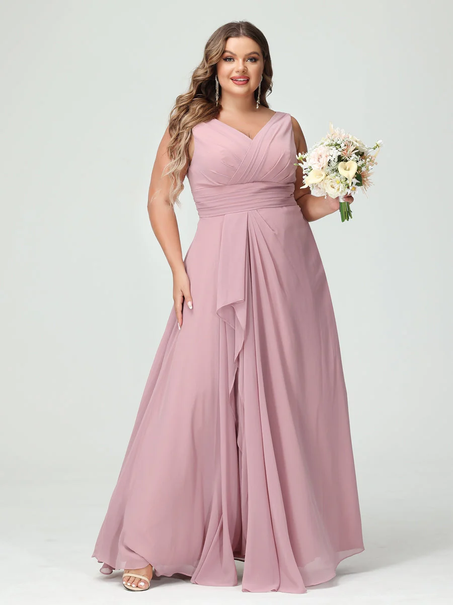 A-Line/Princess V-Neck Sleeveless Chiffon Ruffles Plus Size Bridesmaid Dresses with Pockets & Ruffles - QUGEX