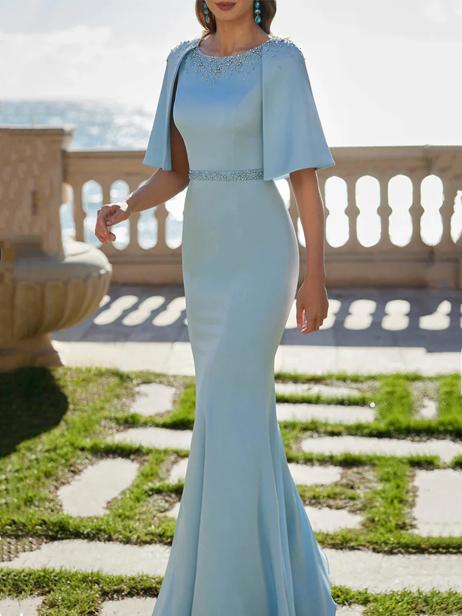 Trumpet/Mermaid Scoop Satin Mother of the Bride Dresses Beading Cape Sleeves Floor-Length - QUGEX