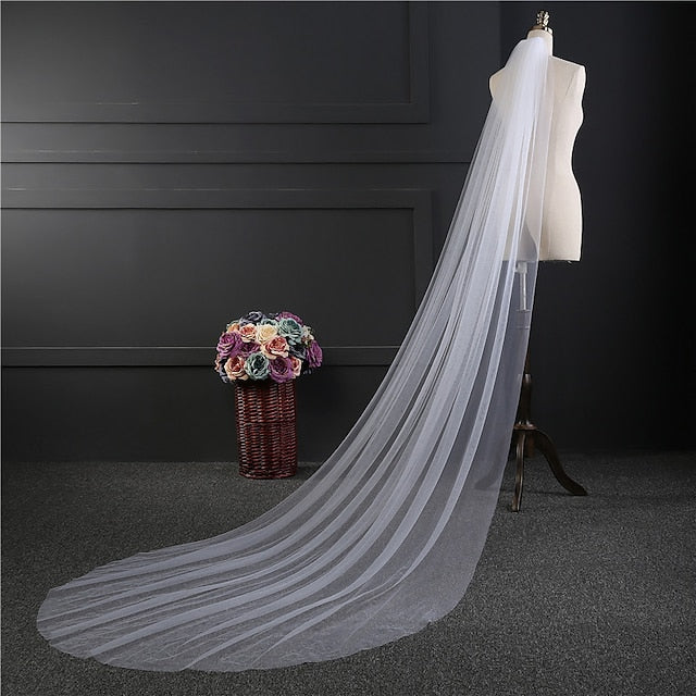 One-tier Simple Wedding Veil Cathedral Veils with Solid 300cm Tulle - QUGEX
