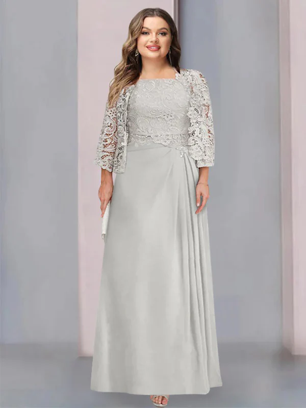 A-Line/Princess Scoop Floor-Length Plus Size Mother of the Bride Dresses with Pleated & Lace Appliques - QUGEX