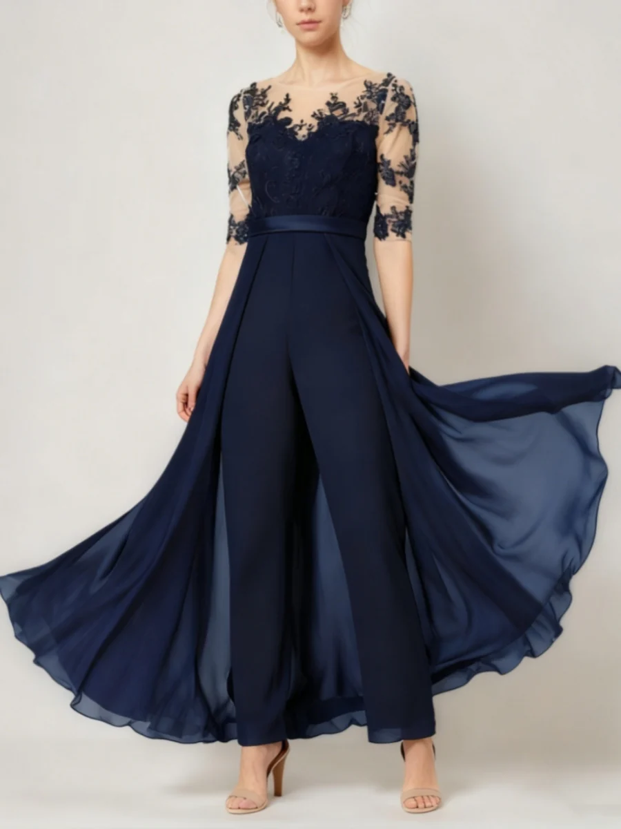 Scoop Chiffon Mother of the Bride Jumpsuit Lace Ankle-Length Half Sleeves Wedding Guest Dress - QUGEX