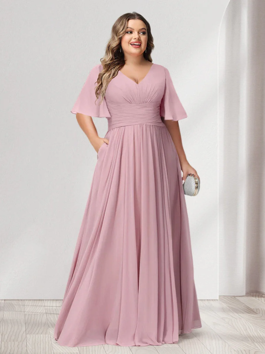 A-Line/Princess V-Neck Half Sleeves Chiffon Plus Size Bridesmaid Dresses with Pockets - QUGEX