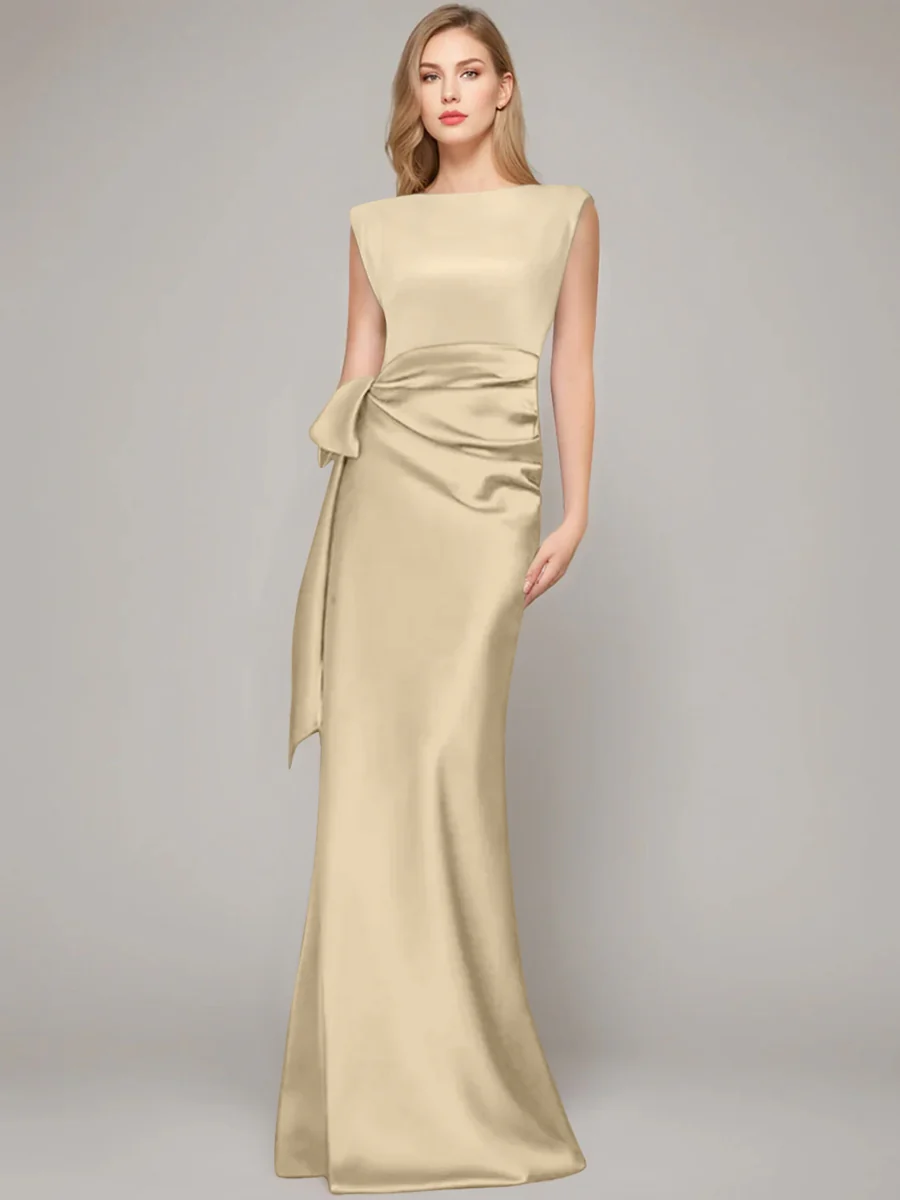 Sheath/Column Scoop Sleeveless Floor-Length Mother of the Bride Dresses with Bow & Shoulder Pad - QUGEX