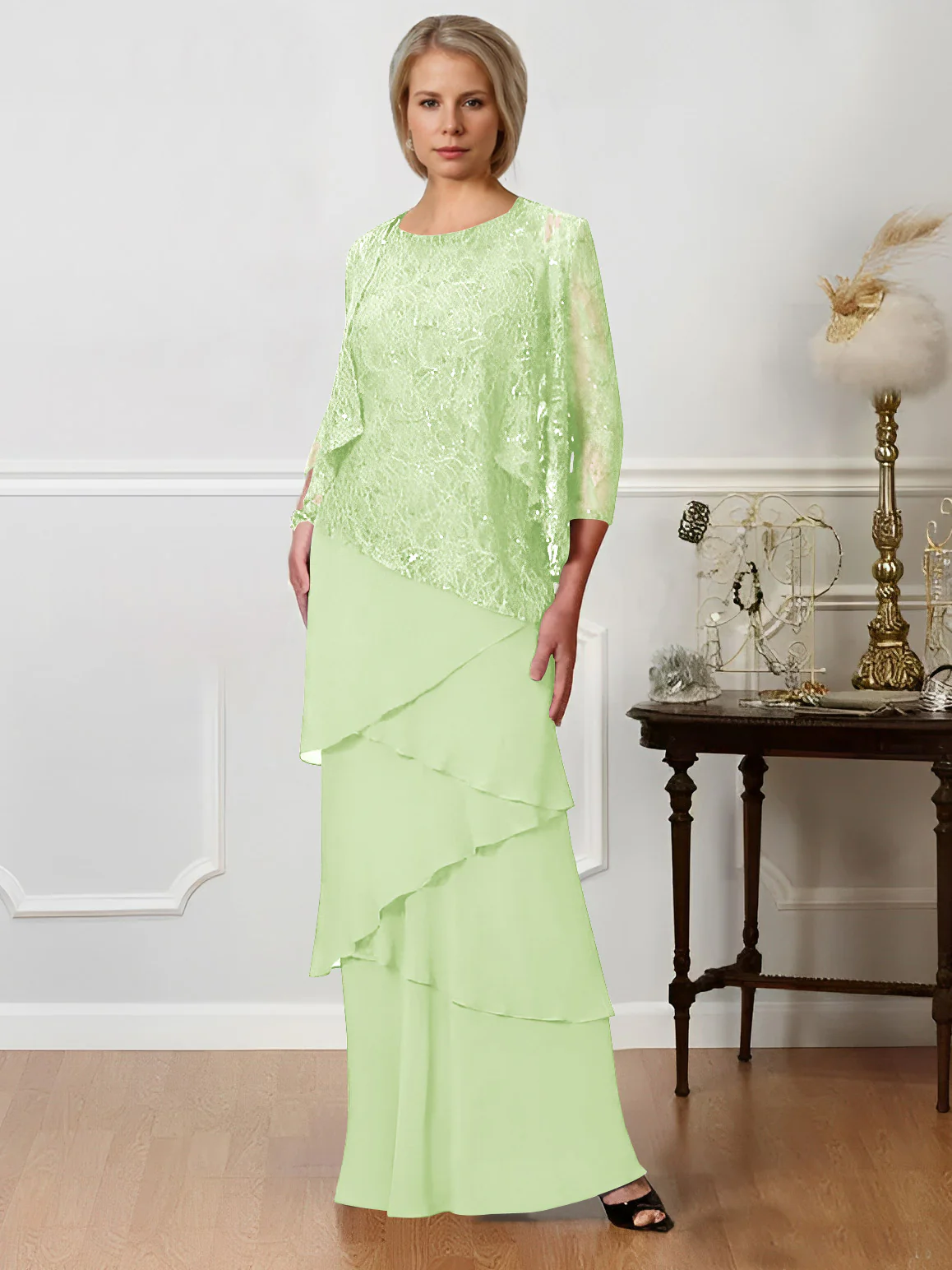 A-Line/Princess Jewel Neck Floor-Length Mother of the Bride Dresses - QUGEX