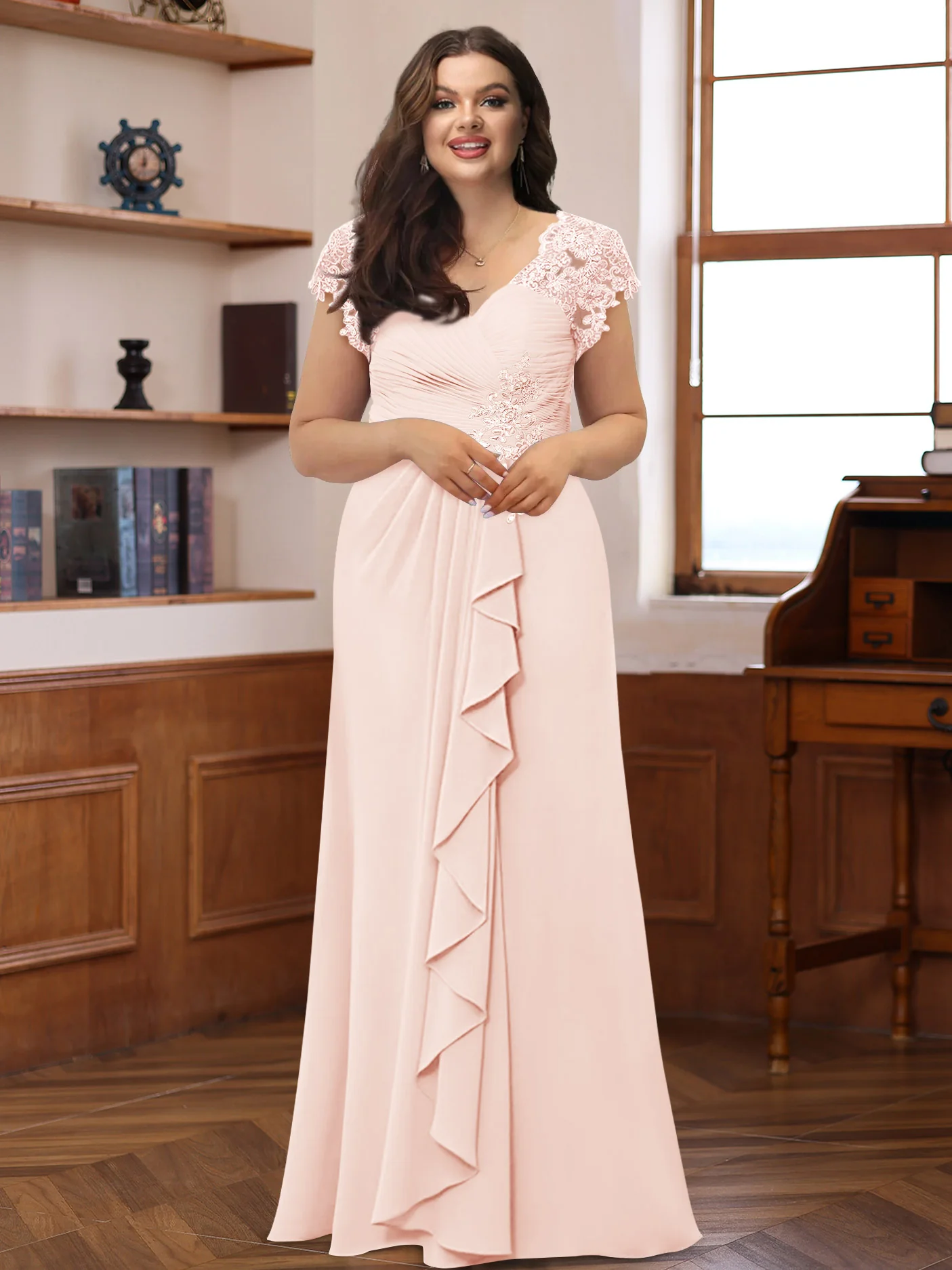 A-Line/Princess V-Neck Short Sleeves Pleated Plus Size Mother of the Bride & Groom Dresses with Ruffles & Appliques - QUGEX